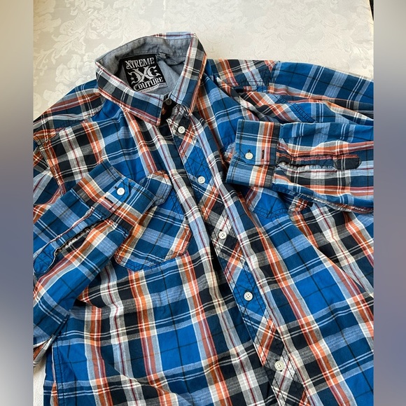 Xtreme Couture 100% Cotton Shirt Mens Size XXL Blue Orange Plaid Button Up - Picture 1 of 9